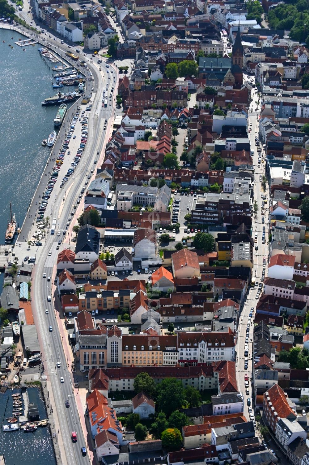 Flensburg from above - Old Town area and city center on Schiffbruecke in the district Altstadt in Flensburg in the state Schleswig-Holstein, Germany