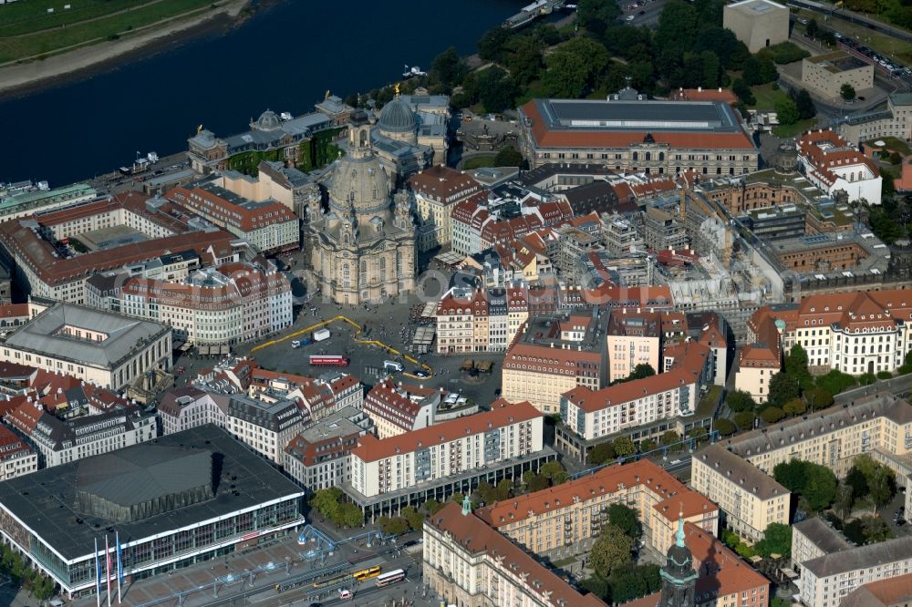Dresden from the bird's eye view: Old town area and inner city center around the Frauenkirche in Dresden in the state Saxony, Germany