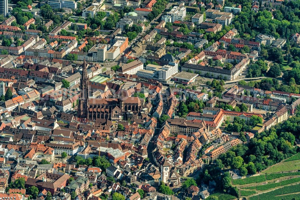 Aerial image Freiburg im Breisgau - Old Town area and city center in Freiburg im Breisgau in the state Baden-Wurttemberg, Germany