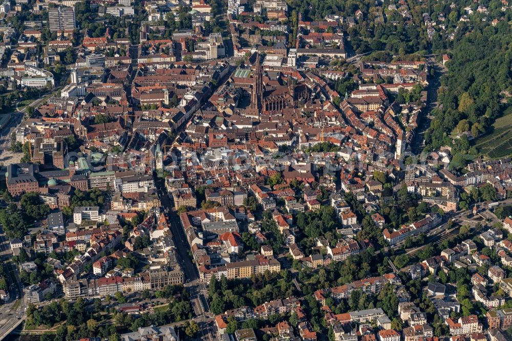 Freiburg im Breisgau from above - Old Town area and city center in Freiburg im Breisgau in the state Baden-Wurttemberg, Germany