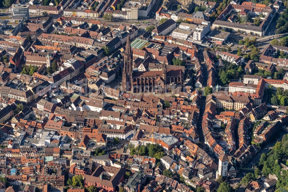 Freiburg im Breisgau from above - Old Town area and city center from Freiburg im Breisgau in the state Baden-Wuerttemberg, Germany