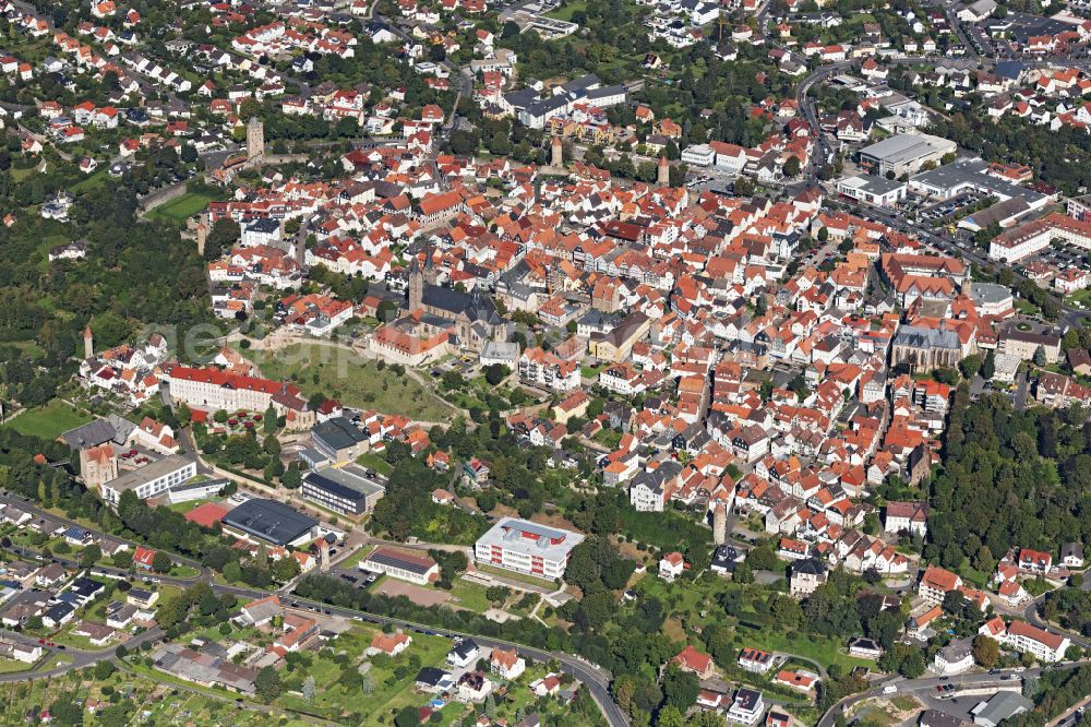 Fritzlar from the bird's eye view: Old Town area and city center on place Marktplatz in Fritzlar in the state Hesse, Germany