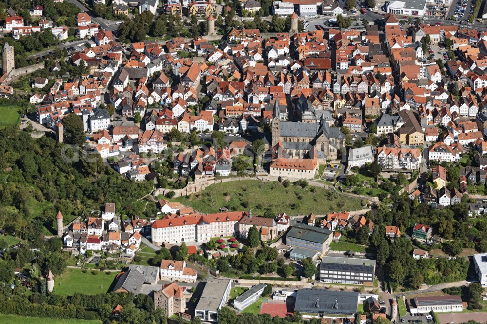 Fritzlar from above - Old Town area and city center on place Marktplatz in Fritzlar in the state Hesse, Germany