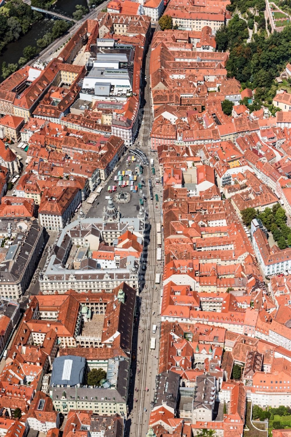 Graz from above - Old Town area and city center in Graz in Steiermark, Austria