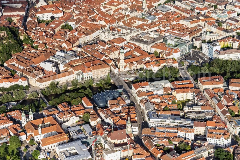 Aerial image Graz - Old Town area and city center on Flussverlauf of Mur in Graz in Steiermark, Austria
