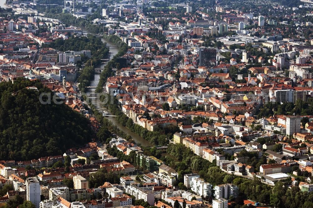 Aerial image Graz - Old Town area and city center with dem Schlossberg on Flussverlauf of Mur in Graz in Steiermark, Austria
