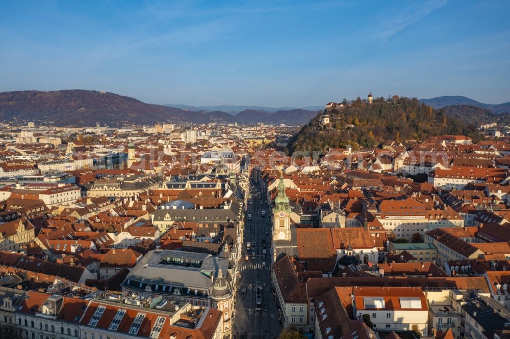 Graz from the bird's eye view: Old Town area and city center on Schlossberg in Graz in Steiermark, Austria