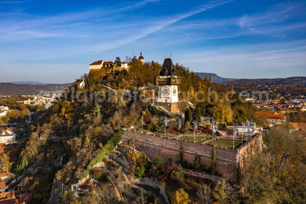 Graz from above - Old Town area and city center on Schlossberg in Graz in Steiermark, Austria