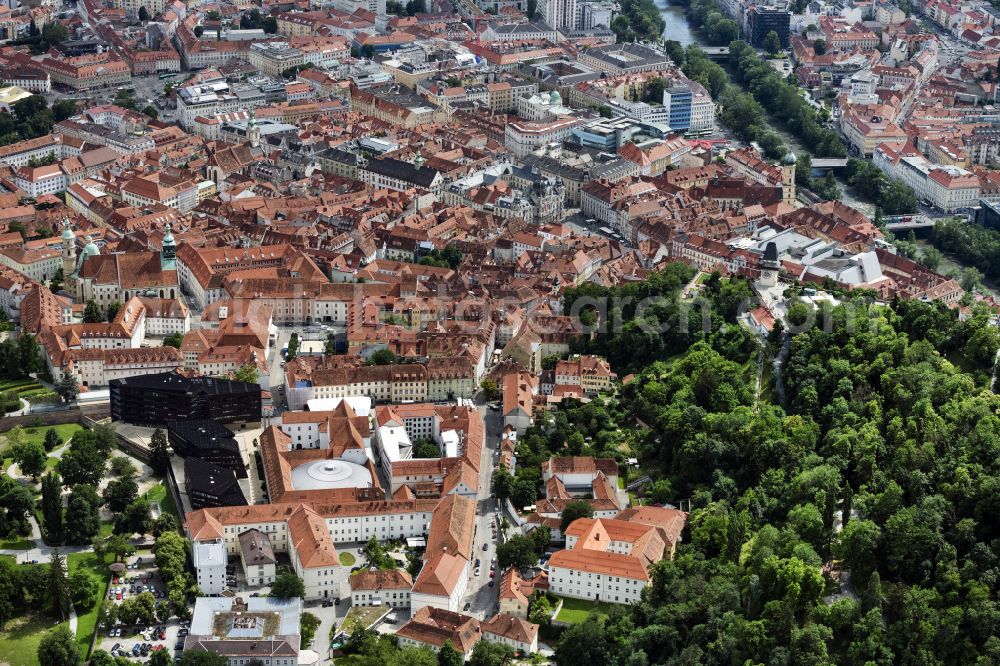 Aerial image Graz - Old Town area and city center on Schlossberg in Graz in Steiermark, Austria