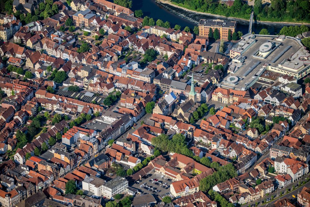 Hameln from the bird's eye view: Old Town area and city center in Hameln in the state Lower Saxony, Germany