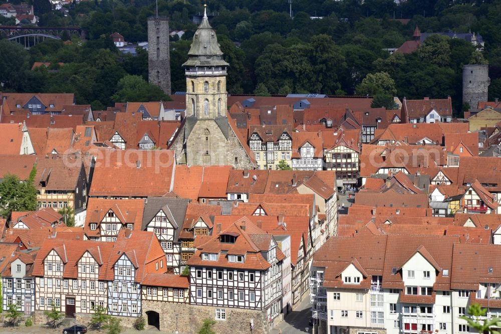 Hann. Münden from above - Old Town area and city center in Hann. Muenden in the state Lower Saxony, Germany