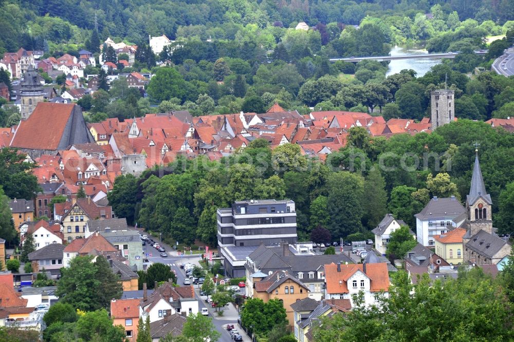 Hann. Münden from the bird's eye view: Old Town area and city center in Hann. Muenden in the state Lower Saxony, Germany