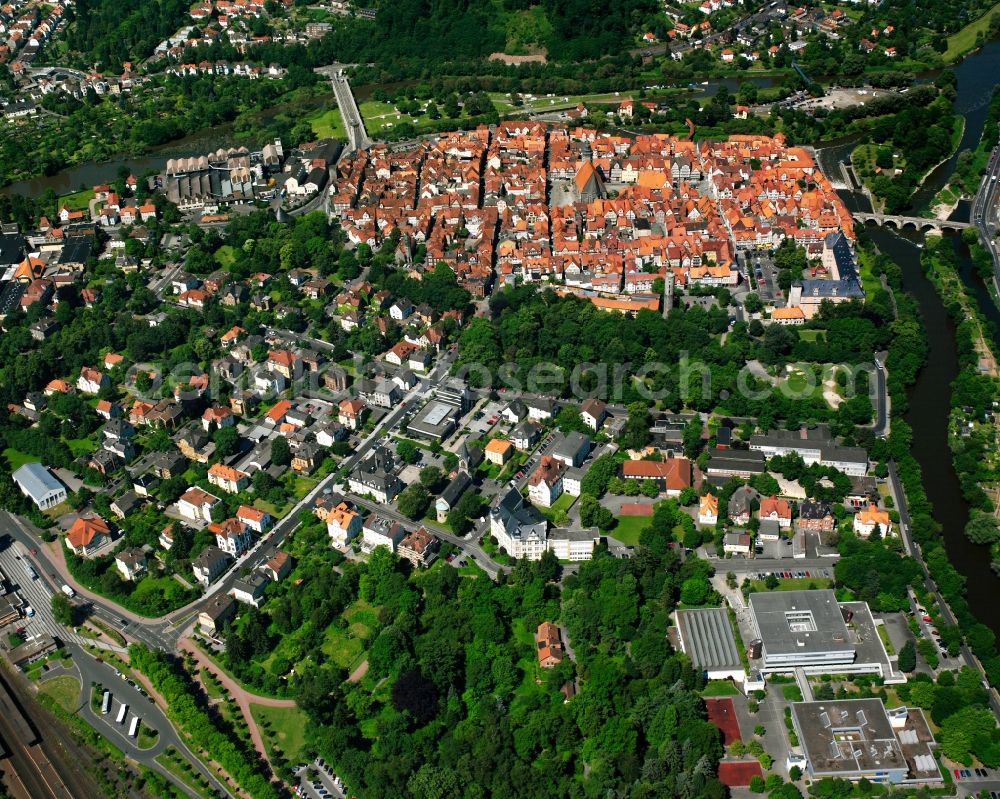 Hann. Münden from above - Old Town area and city center in Hann. Muenden in the state Lower Saxony, Germany