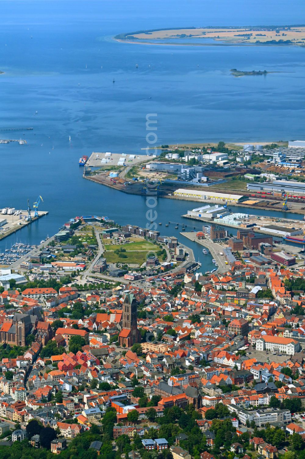 Wismar from above - Old Town area and city center in Hansestadt Wismar at the baltic sea coast in the state Mecklenburg - Western Pomerania, Germany