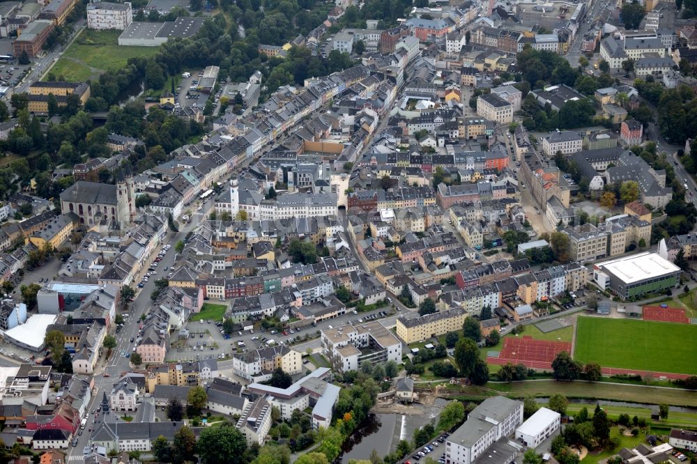 Hof from the bird's eye view: Old Town area and city center in Hof in the state Bavaria, Germany