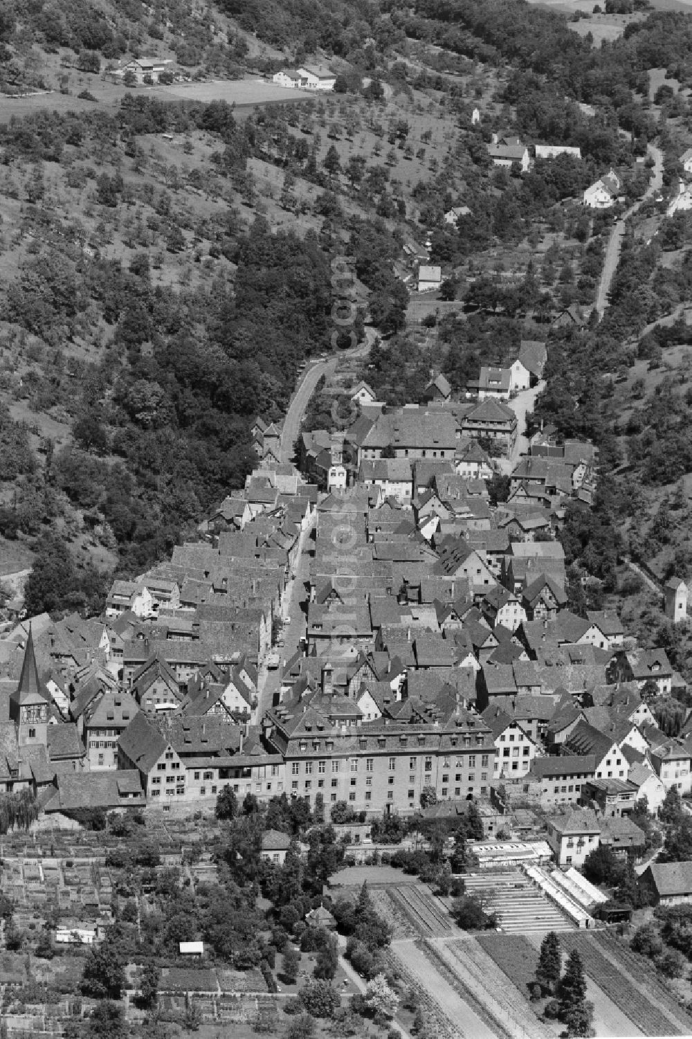 Ingelfingen from above - Old Town area and city center in Ingelfingen in the state Baden-Wuerttemberg, Germany