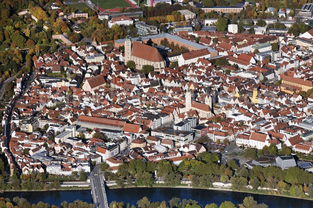 Ingolstadt from above - Old Town area and city center on place Rathausplatz in Ingolstadt in the state Bavaria, Germany
