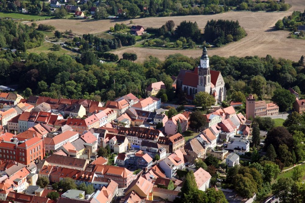 Aerial photograph Kamenz - Old Town area and city center with the Kirche Sankt Marien in Kamenz in the state Saxony, Germany