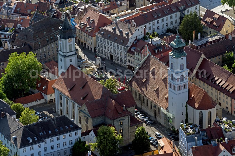 Lindau (Bodensee) from above - Old town area and city center with the Church of St. Stephan and the Minster of Our Lady in Lindau (Bodensee) on Lake Constance in the state Bavaria, Germany