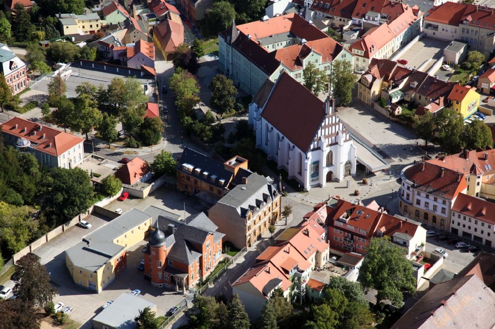 Kamenz from above - Old Town area and city center with the Klosterkirche Sonkt Annen in Kamenz in the state Saxony, Germany