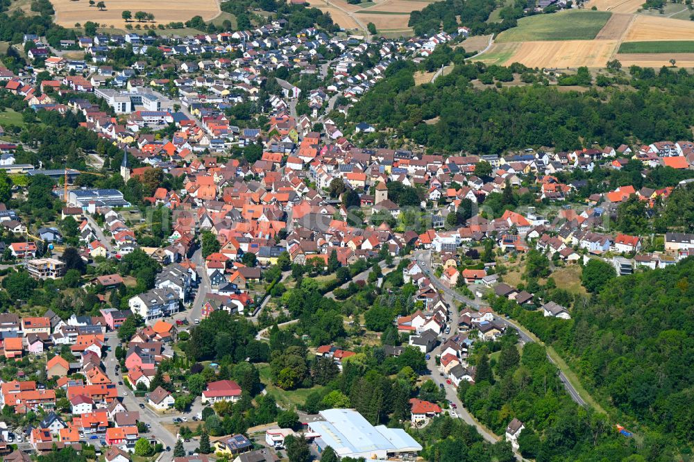 Königsbach-Stein from the bird's eye view: Old Town area and city center with the Storchenturm on Muehlstrasse in Koenigsbach-Stein in the state Baden-Wuerttemberg, Germany