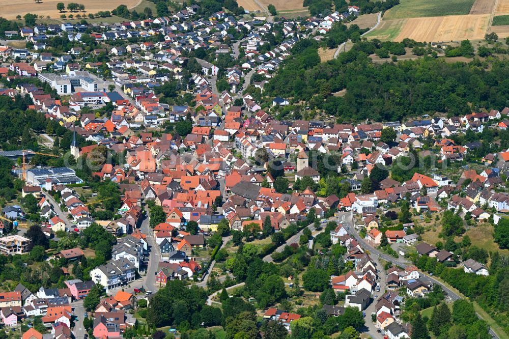 Aerial image Königsbach-Stein - Old Town area and city center with the Storchenturm on Muehlstrasse in Koenigsbach-Stein in the state Baden-Wuerttemberg, Germany