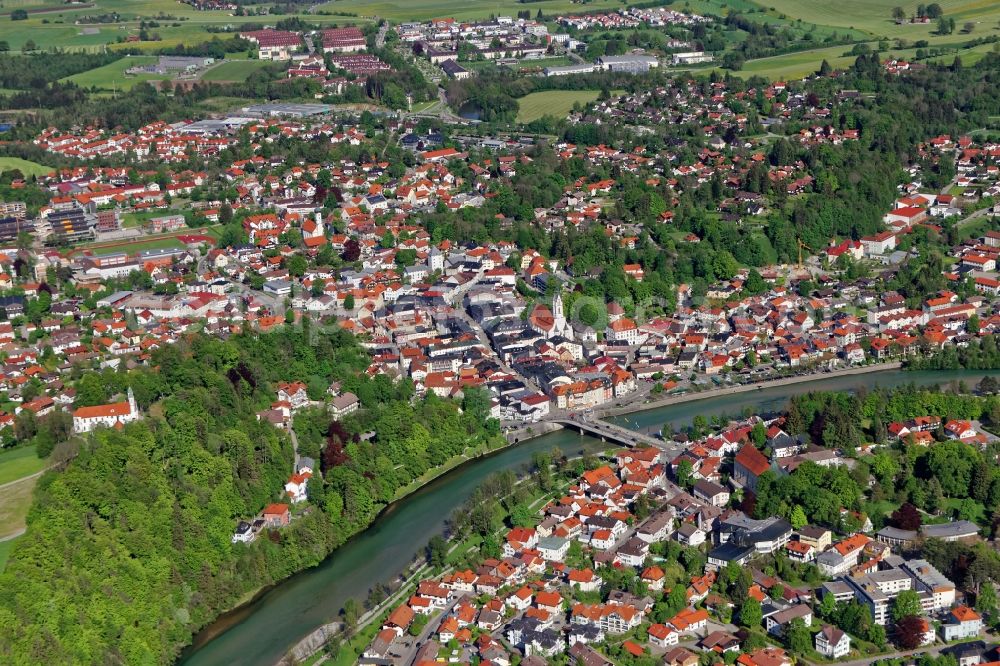 Bad Tölz from the bird's eye view: Old Town area and city center of Bad Toelz in the state Bavaria, Germany