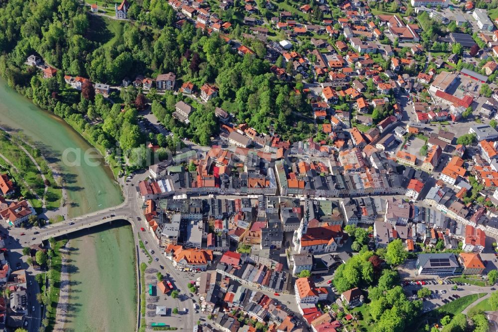 Bad Tölz from above - Old Town area and city center of Bad Toelz in the state Bavaria, Germany