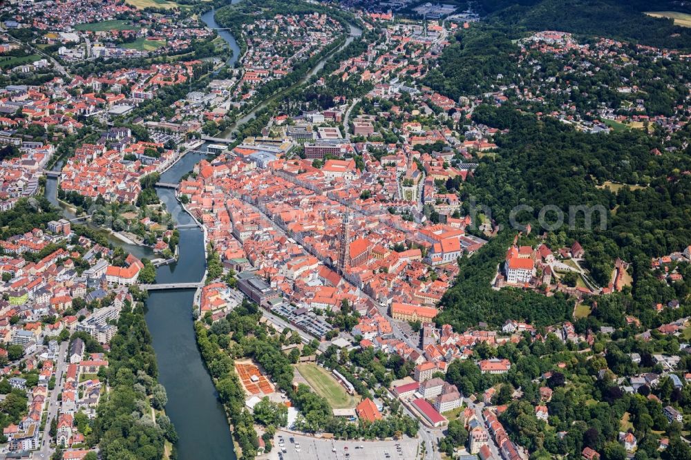 Aerial image Landshut - Old Town area and city center in Landshut in the state Bavaria, Germany
