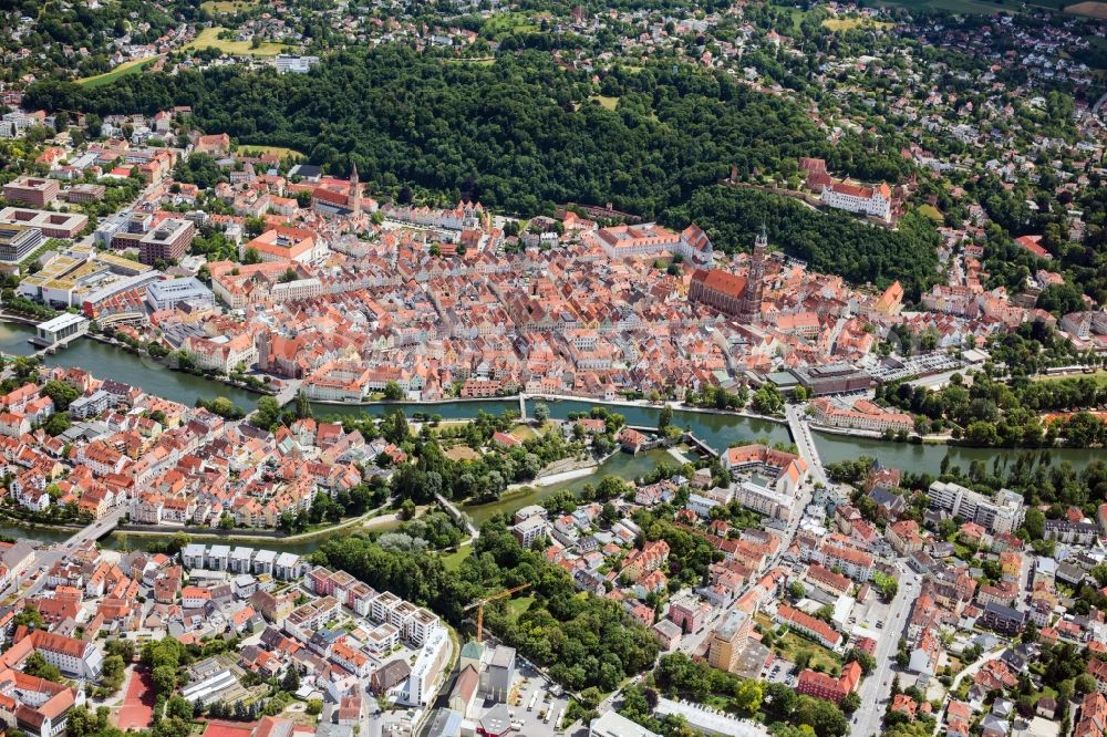 Landshut from above - Old Town area and city center in Landshut in the state Bavaria, Germany