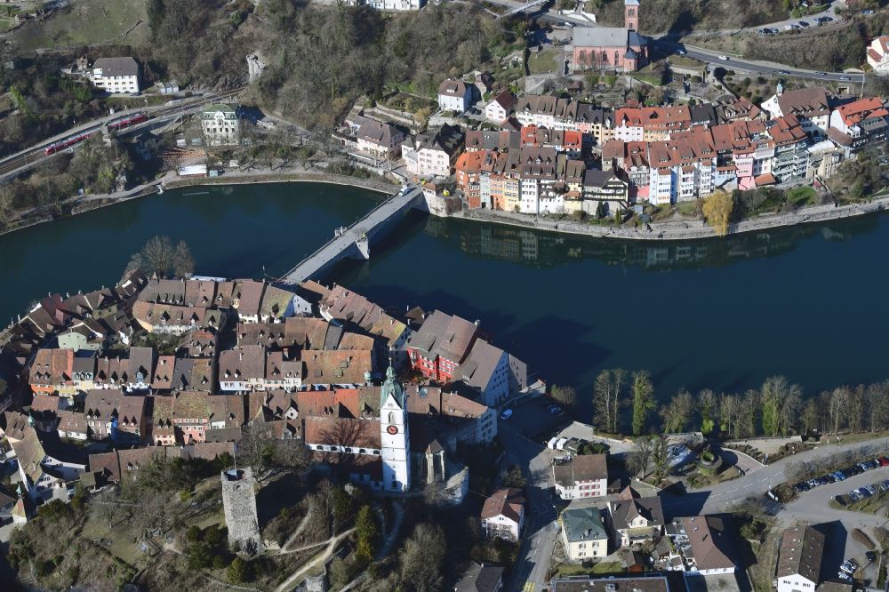 Aerial image Laufenburg - Old Town area and city center in Laufenburg in the canton Aargau, Switzerland. Looking over the river Rhine and the old Bridge to Laufenburg in Baden-Wuerttemberg, Germany