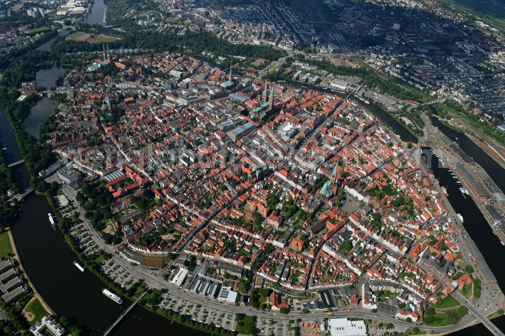 Lübeck from above - Old Town area and city center on trave river in Luebeck in the state Schleswig-Holstein, Germany
