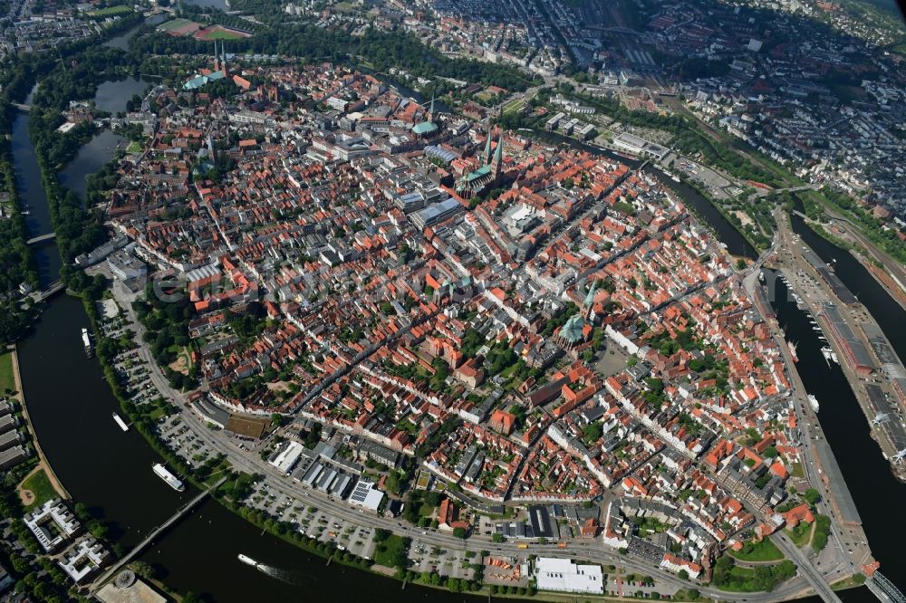 Lübeck from the bird's eye view: Old Town area and city center on trave river in Luebeck in the state Schleswig-Holstein, Germany