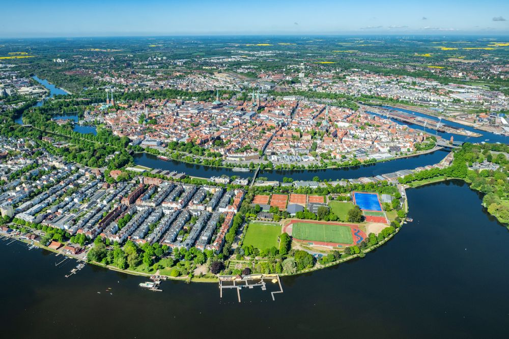 Lübeck from above - Old Town area and city center in Luebeck in the state Schleswig-Holstein, Germany