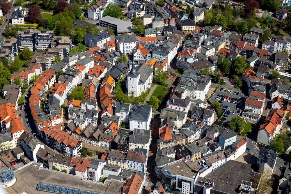 Lüdenscheid from the bird's eye view: Old Town area and city center in Luedenscheid in the state North Rhine-Westphalia, Germany