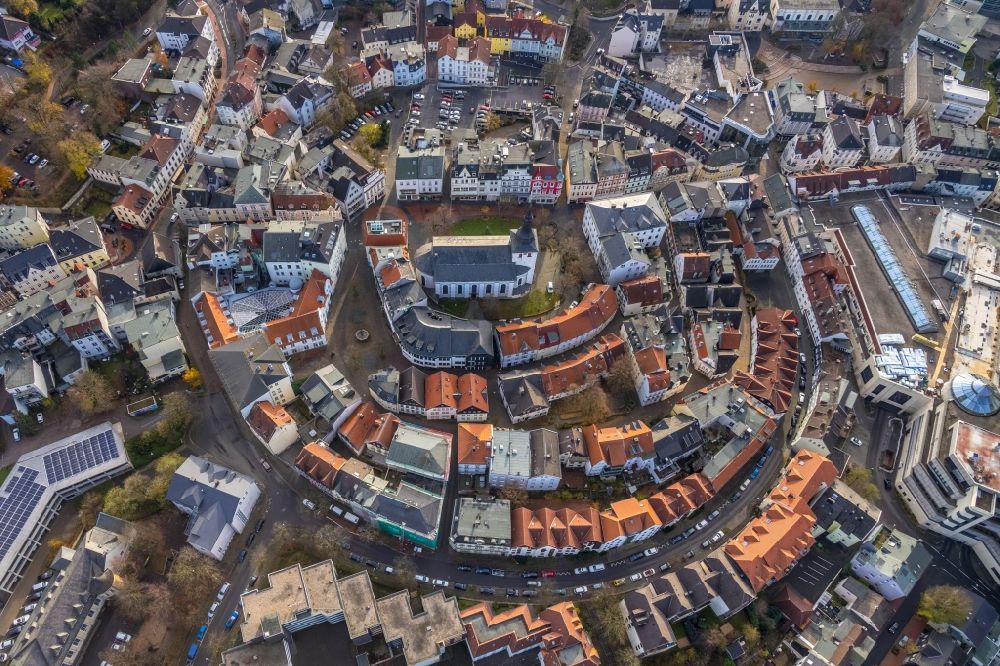Lüdenscheid from the bird's eye view: Old Town area and city center in Luedenscheid in the state North Rhine-Westphalia, Germany