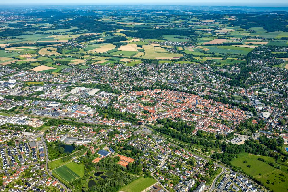 Aerial image Lemgo - Old Town area and city center on street Kramerstrasse in Lemgo in the state North Rhine-Westphalia, Germany
