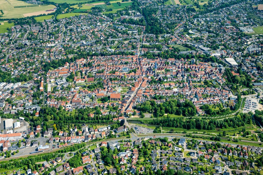 Lemgo from above - Old Town area and city center on street Kramerstrasse in Lemgo in the state North Rhine-Westphalia, Germany