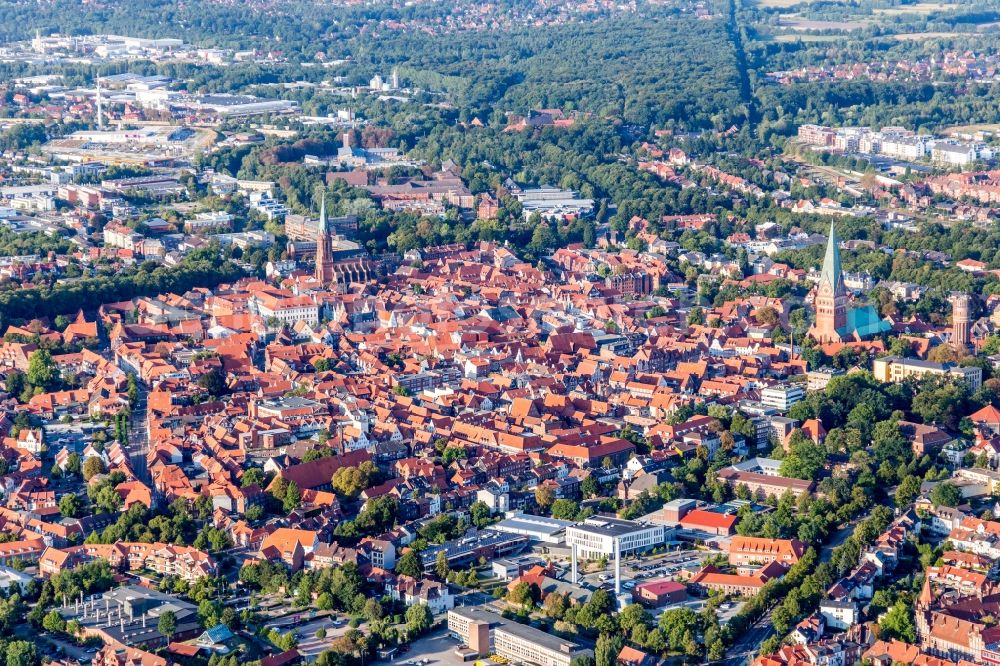 Lüneburg from above - Old Town area and city center in Lueneburg in the state Lower Saxony, Germany