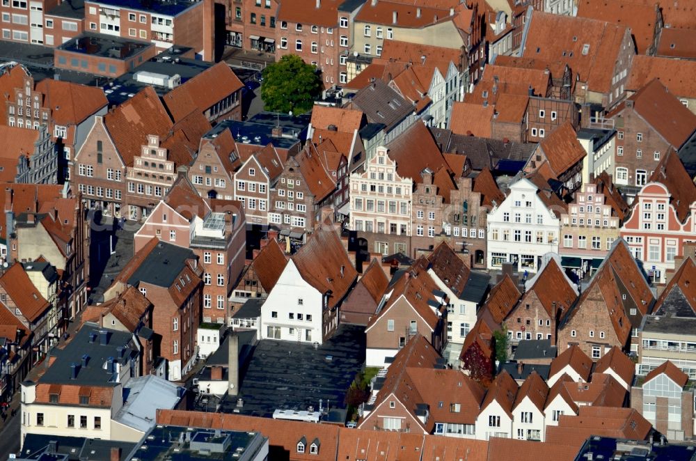 Lüneburg from above - Old Town area and city center Am Sande in Lueneburg in the state Lower Saxony, Germany