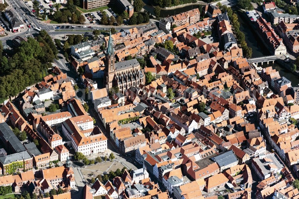Lüneburg from above - Old Town area and city center in Lueneburg in the state Lower Saxony, Germany
