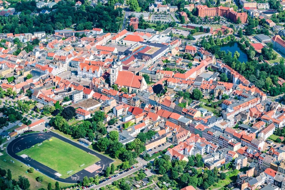 Lutherstadt Wittenberg from above - Old Town area and city center in Lutherstadt Wittenberg in the state Saxony-Anhalt, Germany
