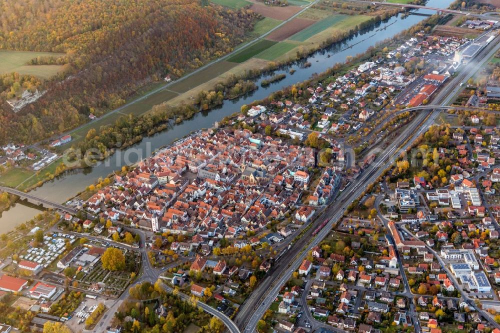 Aerial image Karlstadt - Old Town area and city center on the Main river in Karlstadt in the state Bavaria, Germany