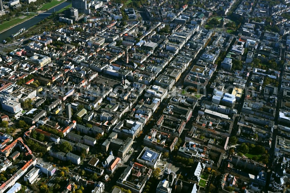 Aerial photograph Mannheim - Old Town area and city center on Friedrichsplatz in Mannheim in the state Baden-Wurttemberg, Germany