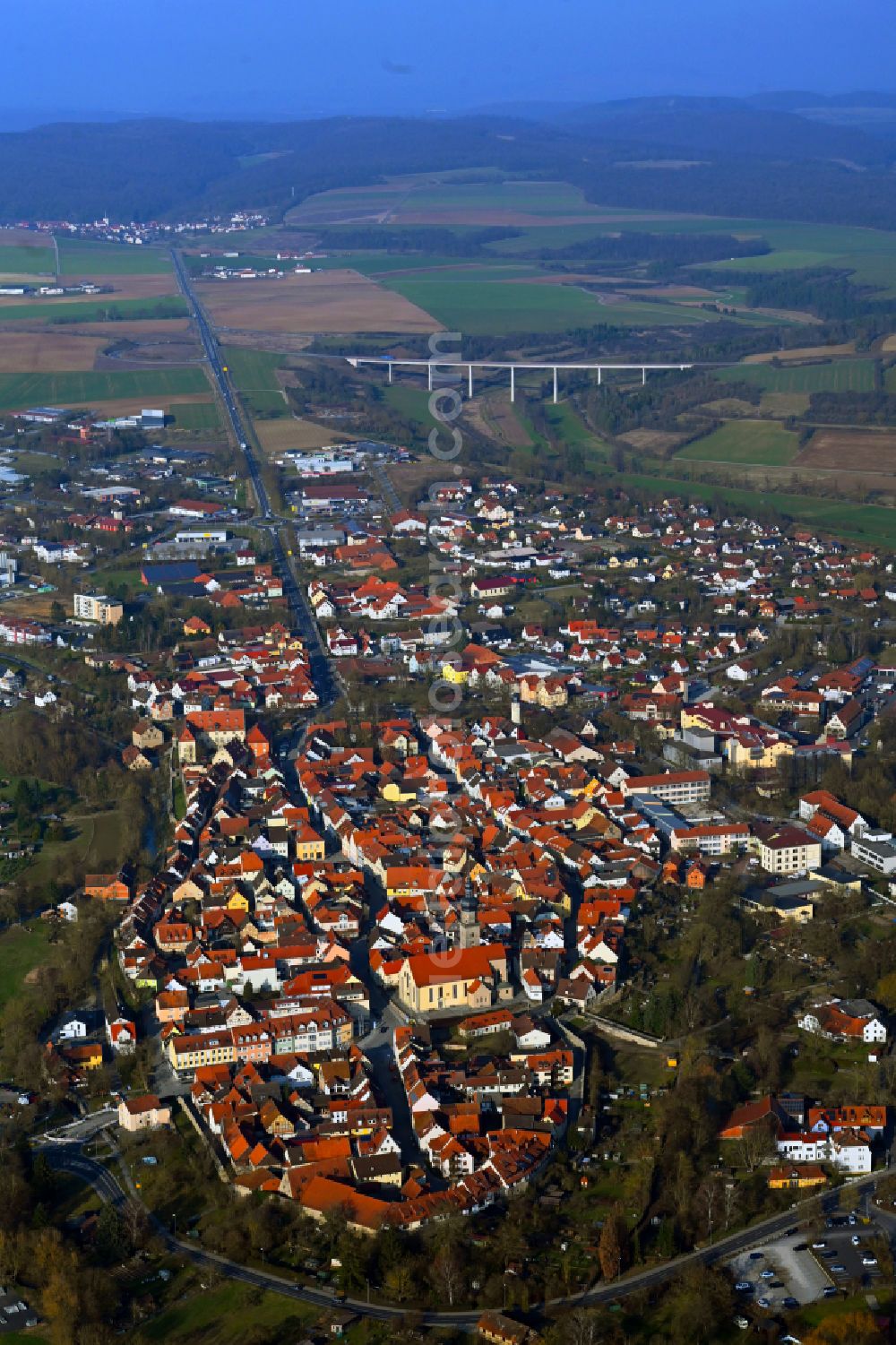 Mellrichstadt from the bird's eye view: Old Town area and city center in Mellrichstadt in the state Bavaria, Germany