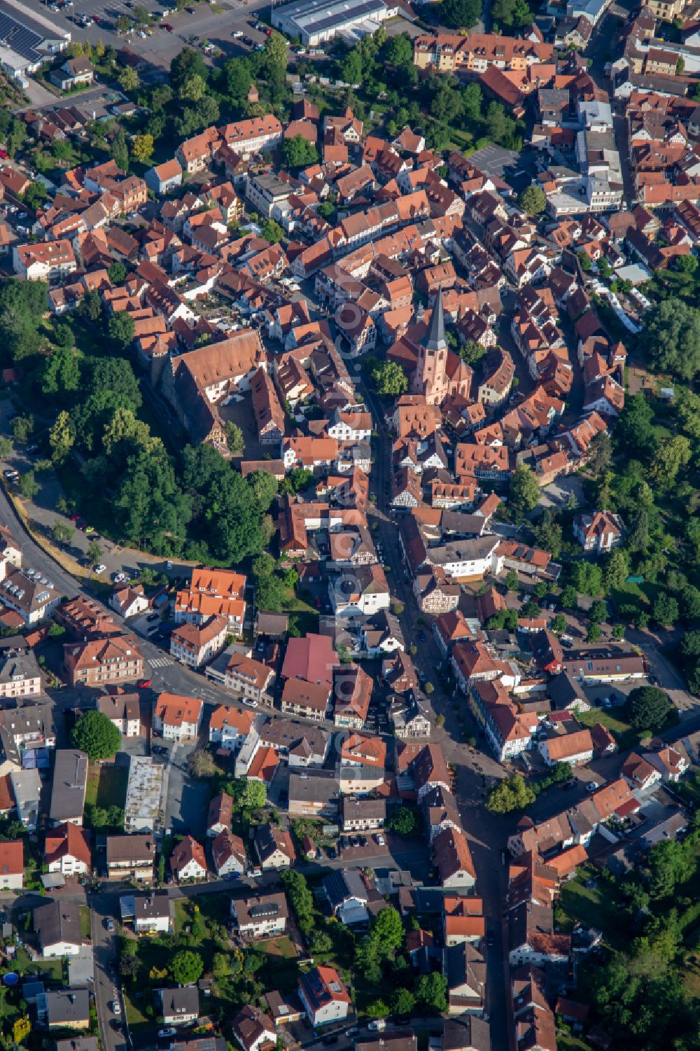 Aerial image Michelstadt - Old Town area and city center on place Marktplatz in Michelstadt in the state Hesse, Germany