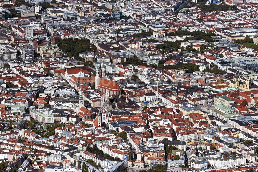 München from above - Old Town area and city center in Munich in the state Bavaria, Germany