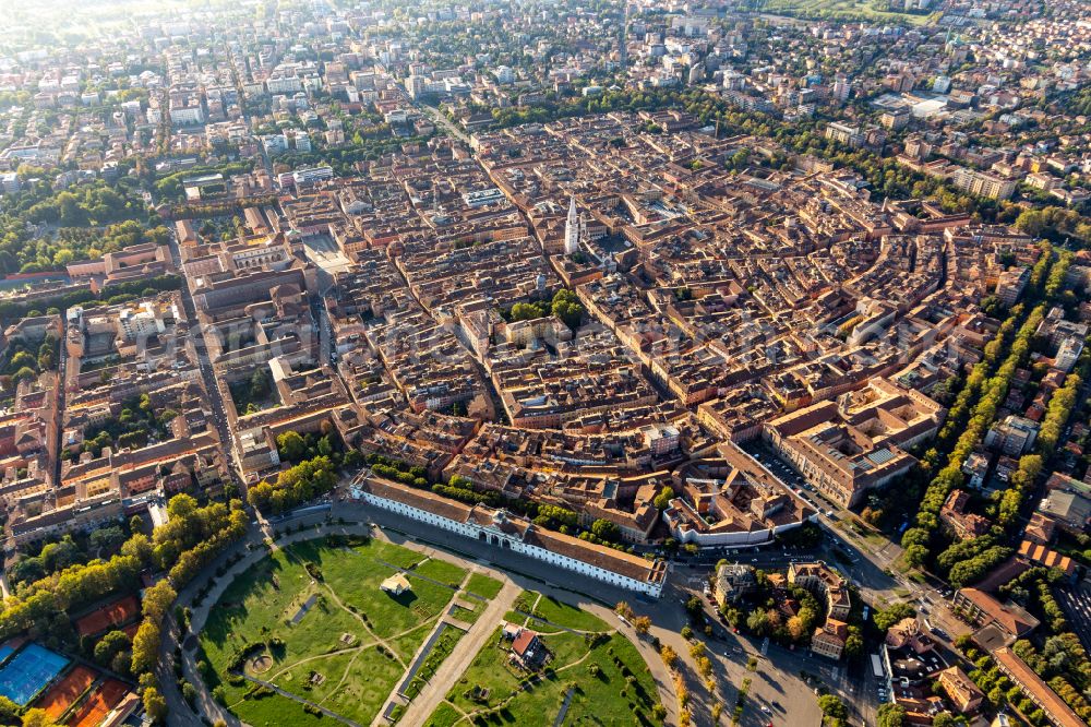 Modena from above - Old Town area and city center with Parco archeologico Novi Ark, Parco PiazzaD'Armi Novisad, Universitaet Marco Biagi Department of Economics in Modena in Emilia-Romagna, Italy