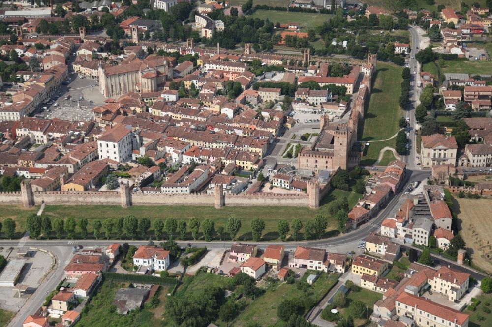 Montagnana from above - Old Town area and city center in Montagnana in Venetien, Italy. The city is surrounded by a medieval city wall with numerous towers. It belongs to the unification of the most beautiful places in Italy