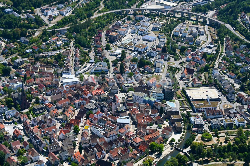 Nagold from above - Old Town area and city center in Nagold in the state Baden-Wuerttemberg, Germany